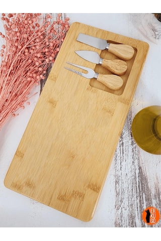 4 Parça Bambu Peynir Sunum Tahtası Ve Çatal - Spatula - Bıçak Seti, Peynir Kesim Panosu, Sunum Seti Bambu