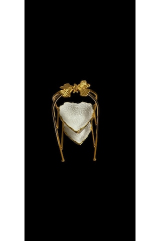 2 Katlı Gold Metal Sunum Standı - Porselen Kalp Servis Tabaklı - Kelebek Detaylı Gold