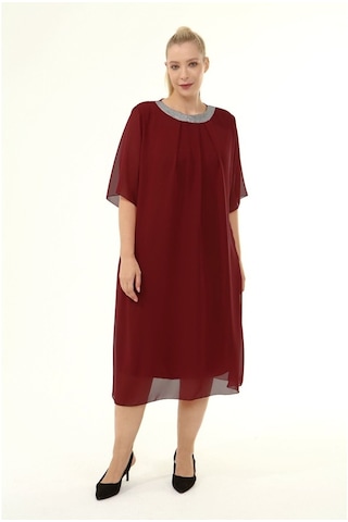 Bordo Büyük Beden Şifon Elbise 16E-1862 Bordo