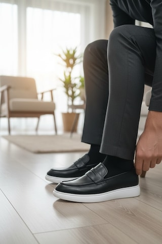 Enoch Deri Siyah Klasik Casual Loafer Beyaz Tabanlı Siyah