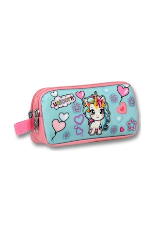 Ümit Çanta Kız Çocuklar İçin İki Bölmeli Bebek Unicorn Baskılı Kalemlik - Pembe Turkuaz - 5050 Pembe - Turkuaz