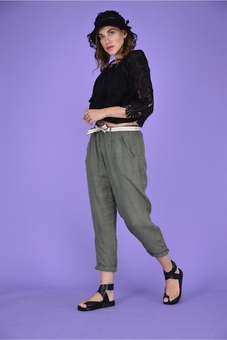 Bohem Stil Kadın Keten Havuç Pantolon-8603 Haki Yeşil Haki