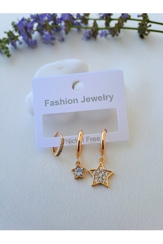 Dali Shop Yıldız Figürlü 3'lü Zirkon Küpe Gold