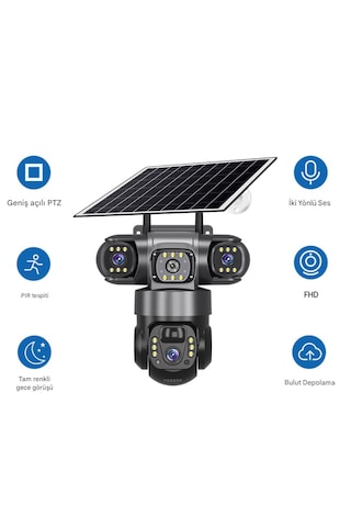 9mp Üçlü Lensli, Güneş Enerjili Ptz Güvenlik Kamerası. Sım Kart İle Her Yerden 7/24 Net İzleme Ve Gece Görüşü.