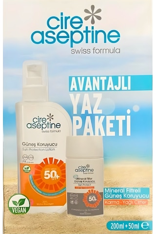 Cire Aseptine Avantajlı Yaz Paketi Güneş Koruyucu Spf 50+ 200ml İle Mineral Filtreli Güneş Koruyucu Karma Ve Yağlı Ciltler Spf 50+ 50ml