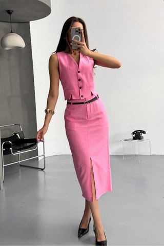 Dogutrend Yelek-önden Yırtmaçlı Etek Tk Şantuk Keten - Pembe