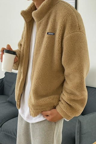 Genius Store Oversize Peluş Tam Fermuarlı Sweatshirt Peluş İçi Polarlı Sherpa Kumaş Sweatshirt Bej