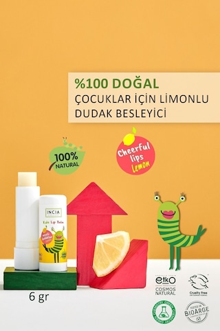 INCIA %100 Doğal Kids Dudak Besleyici Limonlu Bitkisel Nemlendirici Dudak Bakım Kremi 6 G