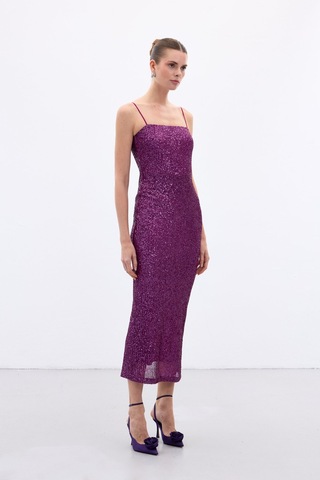 Askılı Uzun Payet Elbise - Mürdüm-136659 Mürdüm