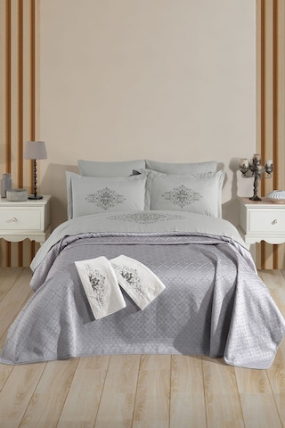 Tivoli 8 Parça Evlilik Seti Pike Takımı Havlulu-nakışlı Çift Kişilik Gelin Seti-diana-gri Grı Gri