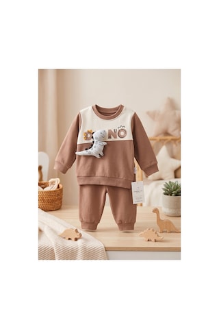 Deniva Kids Erkek Bebek Kahverengi 3 Boyutlu Dinozor Figürlü Pamuklu İki İplik Sweatshirt Ve Eşofman Alt Üst Takım