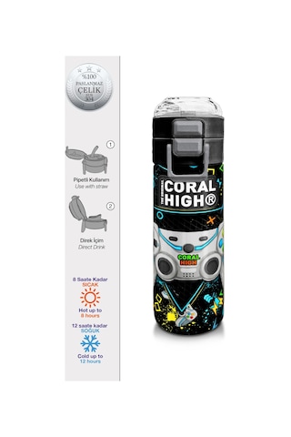 Coral High Kids Siyah Fosforlu Yeşil Gamer Desenli Pipetli Ve Direkt İçim Çelik Termos 500 Ml 31817 Siyah