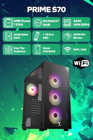 Game Garaj Vento Prime S70 R7-5700 16 GB 1 TB SSD 16 GB RX9060XT Dos Oem Paket Masaüstü Oyuncu Bilgisayarı