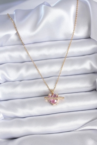 316l Çelik Gold Renk Zincir Pembe Kristal Kalp Model Zirkon Taş Detay Kadın Kolye - Tj-bko7747 Çok renkli