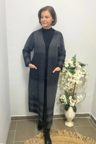Mia Butik Büyük Beden Siyah Desenli Uzun Hırka Siyah