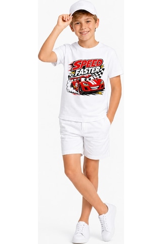 Bayloranzzo Speed Faster Kırmızı Yarış Arabalı %100 Pamuk Premium Kalite Erkek Çocuk Tişörtü Beyaz