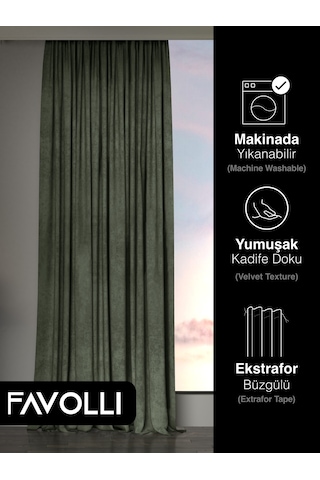 Br Favolli Kadife Dokulu Zeytin Yaprağı Rengi Ada Fon Perde Ekstrafor Büzgülü Dream Series Zeytin Yaprağı