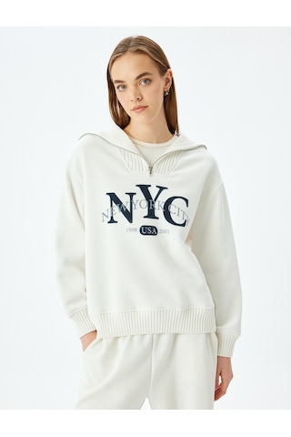 Koton Yarım Fermuarlı Baskılı Oversize Kolej Sweatshirt Ekru 5sal10516ık Ekru
