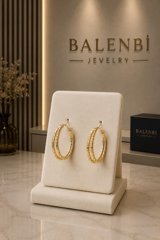 Balenbi Gold Renk Paslanmaz Çelik Kabartma Desenli Halka Küpe 1041 Altın