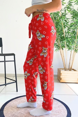 Dreamy Soft Kadife Dokulu Ayıcık Desenli Süet Pijama Altı Pantolon Kırmızı