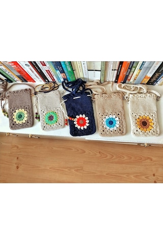 Kemzey Handmade Çiçekli Telefon Çantası, Motifli Tığ İşi Telefonluk, El Yapımı Telefon Kılıfları Taş - Sarı