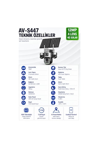 Tk-s1447 12mp 4 Kameralı 36x Optik Zoom 4g Esım Solar Ptz Kamera 32000mah Batarya 20w Panel