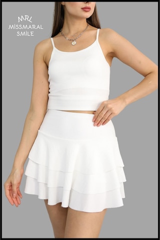 Mykonos Etek Ekru / Beyaz Içte Sabit Şortlu Yüksek Bel Likralı Bürümcük Kumaş Skirt With Shorts 1101 Ekru / Beyaz