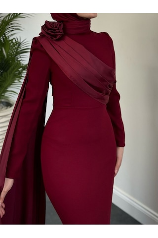 Pelerinli Abiye Bordo