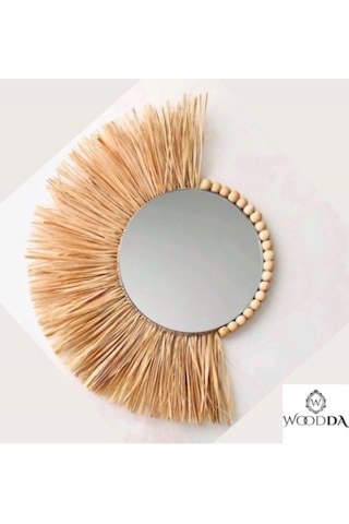 Woodda Dekoratif Ayna Yelpaze Rafya Ayna Boncuklu Duvar Süsü Bohemian Style Ayna