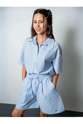 Kız Çocuk Yarım Kollu Gömlek Poplin Şortlu Takım-15809 Mavi
