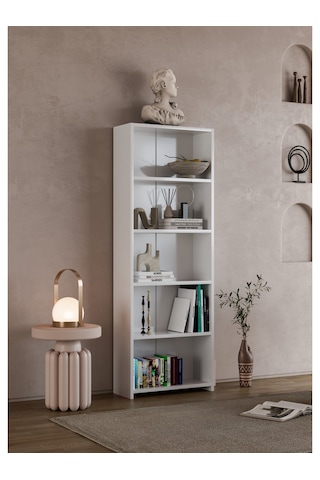 Alpa Ev Mobilya 5 Raflı Kitaplık, Modern Çok Amaçlı Ahşap Ofis, Salon Ve Mutfak Raf Dolabı Beyaz