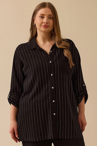 Galaxi Kadın Büyük Beden Çizgili Düğmeli Gömlek 4027 Siyah Siyah