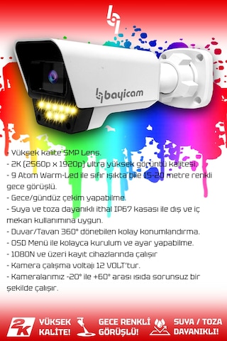 Bayicam 8 Kameralı Süper 2 İç Kamera Set 500 GB 5 MP 2K Renkli Gece Görüşlü Güvenlik Kamerası Sistemi