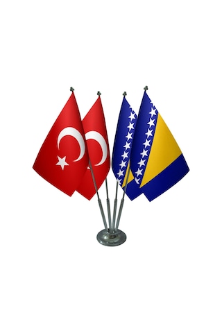 Masa Üstü Bosna Hersek Bayrağı Türk Bayrağı Dörtlü Krom Direk Mas