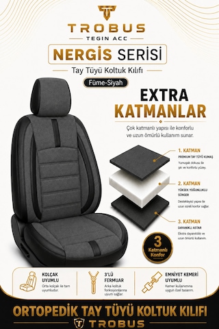 Renault Clio 5 2020 Ve Sonrası Uyumlu Nergis Serisi Füme Siyah Oto Koltuk Kılıfı