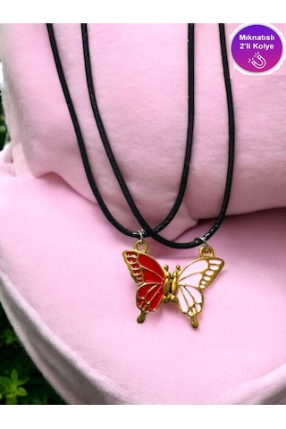 Kelebek İki Renk Iki Adet Mıknatıslı Çift Sevgili Kolye Takı Çok Renkli