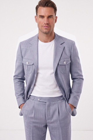 Deepsea Erkek Mavi Safari Ceketli Slim Fit 2'li Takım Elbise Pileli Duble Paça Pantolon 2600723