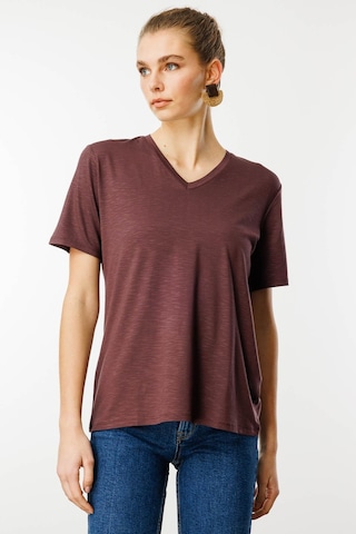 Kadın V Yaka Flamlı Kumaş Basic Tshirt Kahve Kahve
