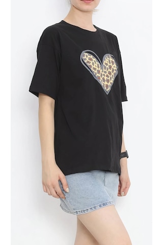 Butik İstanbul 14 Şubat Sevgililer Günü Leopar Kalp Baskılı Oversize Bisiklet Yaka T-shirt - Siyah