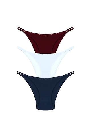 New Lilla 1025 Çift İp-Taş Detaylı Bikini Külot Paketi 1025-V2 - Bordo Beyaz Lacivert - Standart Çok Renkli