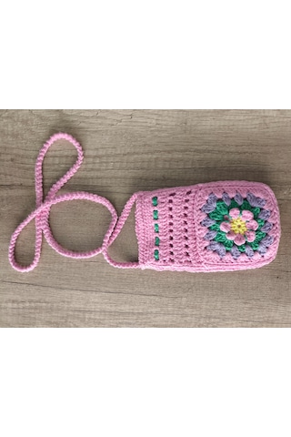 El Yapımı Çiçek Desenli Örgü Telefon Çantası Açık Pembe