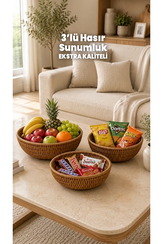 3'lü Hasır Sunumluk Sepet Badya Leğen Tabak Kase - Masaüstü Organizer Rattan Sunum Meyvelik - Ekstra Kaliteli Çelik Rattan