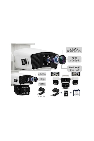 X5tech Rx-95w Wifi 3 Lensli 12 Volt 2a Kablosuz Güvenlik Kamerası+combo 64gb Hafıza Kartı+adaptör Se
