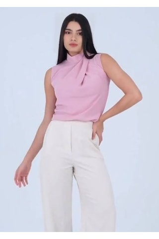 Pera Moda Boğazlı İç Göstermeyen Sıfır Kol Kadın Gömleği Pembe