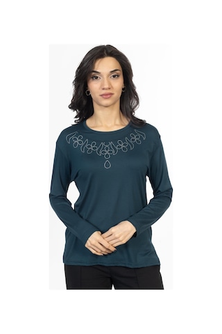 Yeni Model Taş İşlemeli Yuvarlak Yaka Likralı Anne Penye Bluz 6435-zümrüt Yeşili