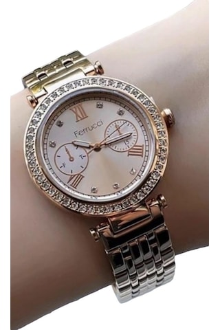 Ferrucci Fcf82640 Çelik Jübile Kordon Tasarım Kadın Kol Saati+çelik Kolye Hediye Rose Gold
