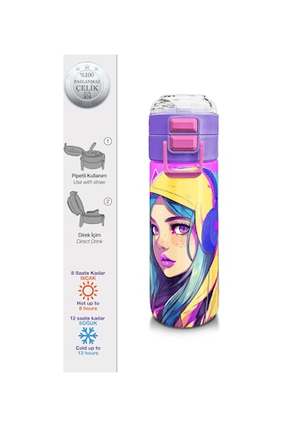 Coral High Kids Lavanta Turkuaz Kulaklı Kız Desenli Pipetli Ve Direkt İçim Çelik Termos 500 Ml 31835 Lavanta - Pembe