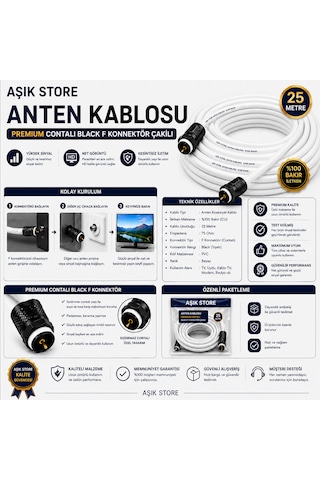 25 Metre Premium Anten Kablosu %100 Bakır İç İletken Contalı Black F Konnektör Çakılı Koaksiyel Tv Uydu Kablosu