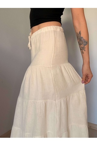 Ali Butik Krem Önü Bağlamalı Müslin Etek Krem