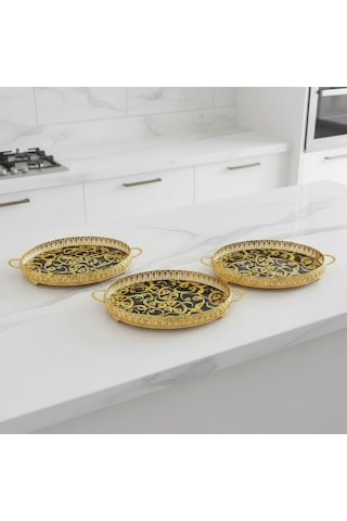 3 Adet Gold Renk Vav Desen Metal Çerçeveli Cam Nişan-servis Tepsi Seti 28 19 Cm Rosegold